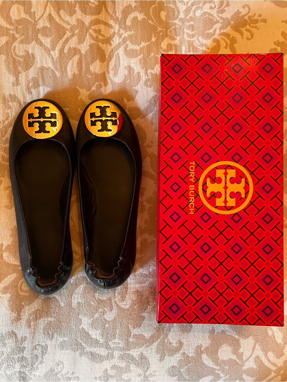 Tory Burch Black Leather Ballet Flats MINNIE TRAVEL BALLET WITH METAL LOGO